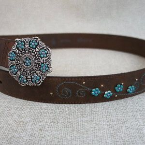 🩵Brighton Brown Leather Belt w/Silver Tone Buckle & Small Studded Flowers - Lrg